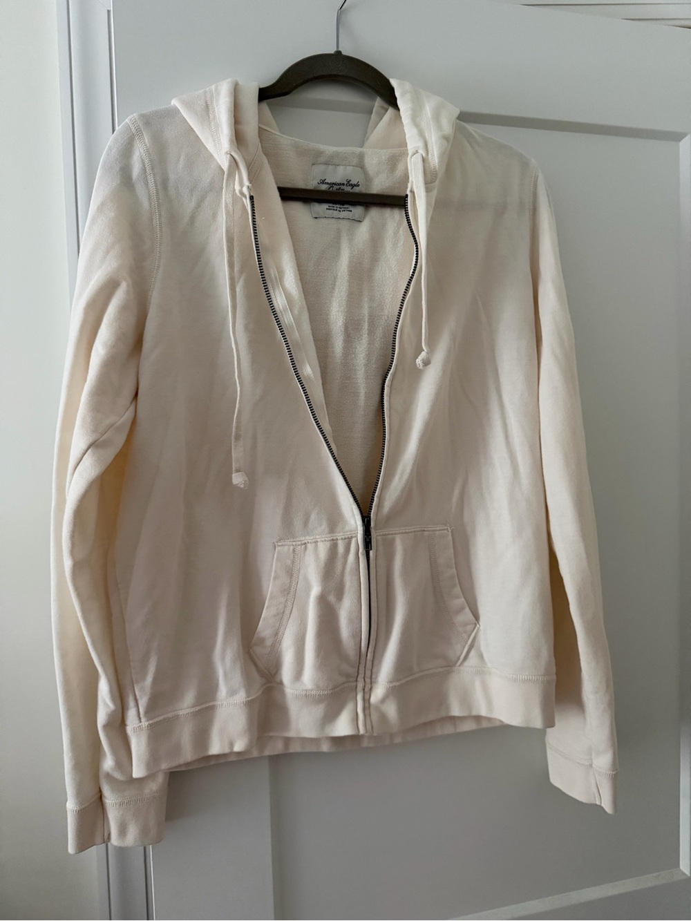 American Eagle Outfitters Cream Full-Zip Hoodie with Navy Logo Stitching